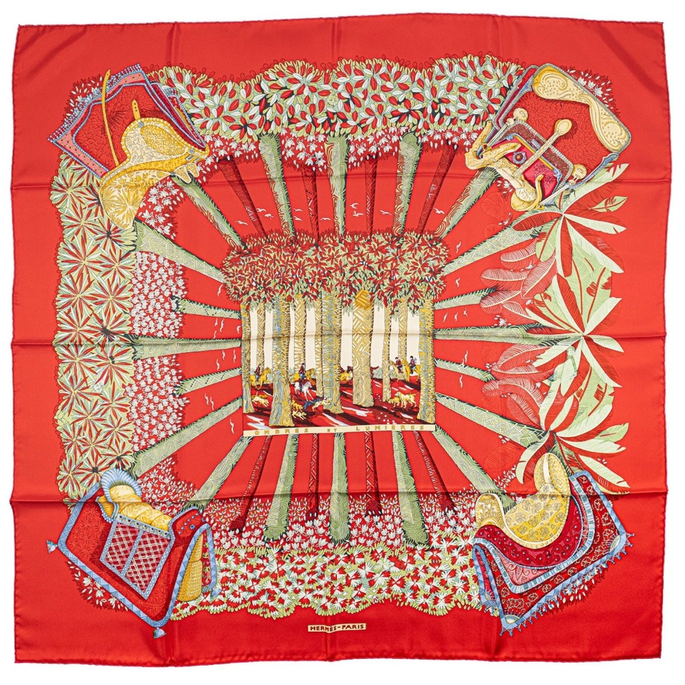 Hermès Carré 90 "Ombres et Lumières" red silk scarf, issued 2001 Annie Faivre